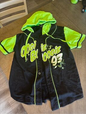 Disney Black & Neon Green Hooded Baseball Tee Shirt
